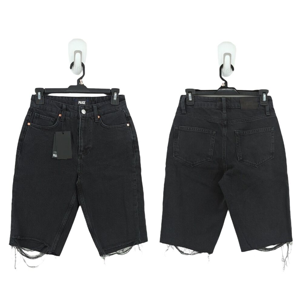 Paige Women 23 Robbie High Rise Shorts Black Meadow Stringy Hem Distressed NEW